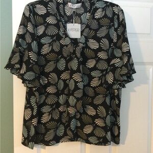 Kasper Black and White and blue  Leaf Print Women's Top